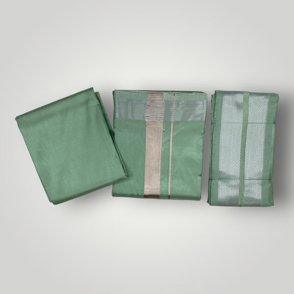 HORAD Premium Art Silk Pista Green Shirt Material (3 Meter) + (9X5) Dhoti + Angavastram