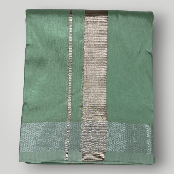 Horad Premium Art Silk Dad and Son Pista Green Shirt + Dhoti + Angavastram