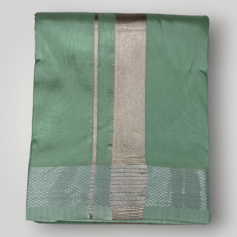 Horad Premium Art Silk Dad and Son Pista Green Shirt + Dhoti + Angavastram