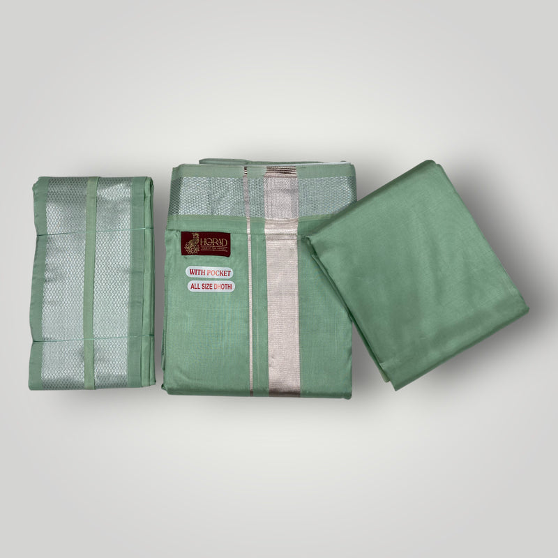 HORAD Premium Art Silk Pista Green Welcro Dhoti with Shirt Material + Angavastram