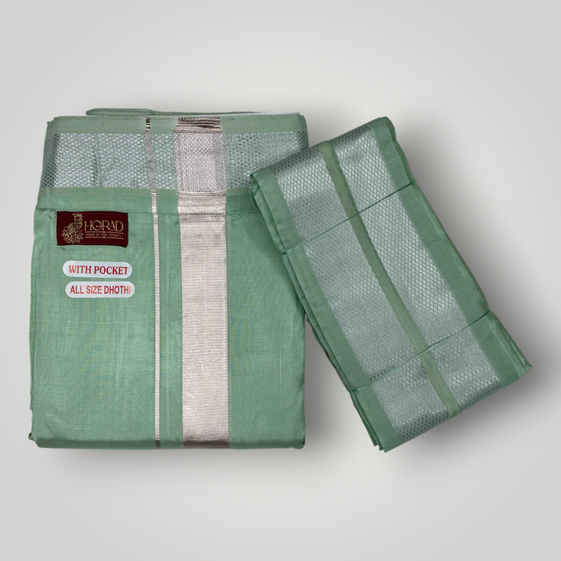 Horad Premium Art Silk Pista Green Welcro Dhoti + Angavastram