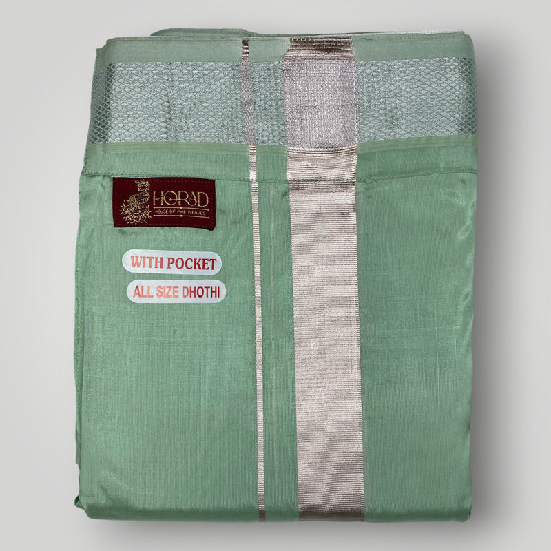 HORAD Premium Art Silk Pista Green Welcro Dhoti with Shirt Material + Angavastram