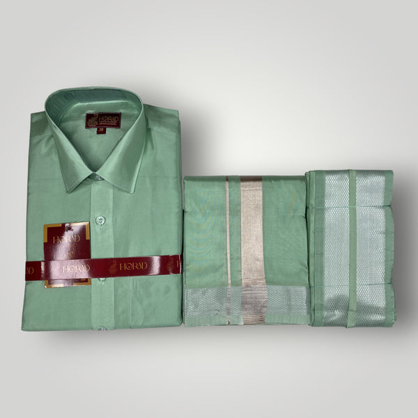 Horad Premium Art Silk Pista Green Shirt + Dhoti +  Angavastram