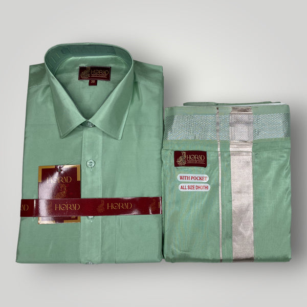 Horad Premium Art Silk Pista Green Shirt + Welcro Dhoti