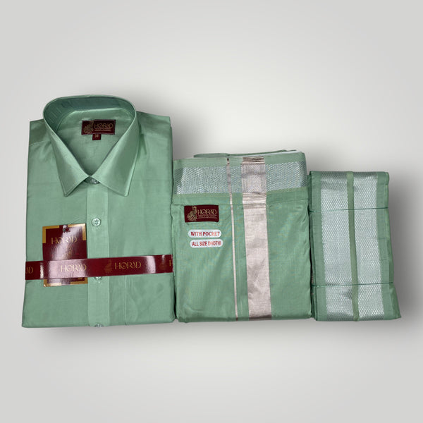 Horad Premium Art Silk Pista Green Shirt + Welcro Dhoti + Angavastram
