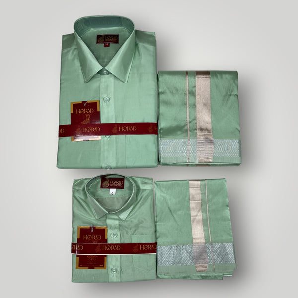 Horad Premium Art Silk Dad and Son Pista Green Shirt + Dhoti