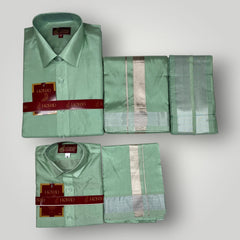 Horad Premium Art Silk Dad and Son Pista Green Shirt + Dhoti + Angavastram
