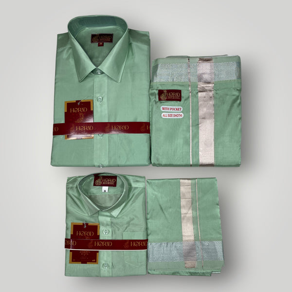 Horad Premium Art Silk Dad and Son Pista Green Shirt + Welcro Dhoti