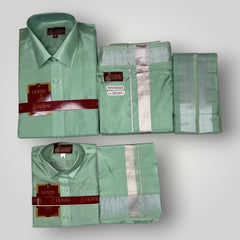 Horad Premium Art Silk Dad and Son Pista Green Shirt + Welcro Dhoti + Angavastram