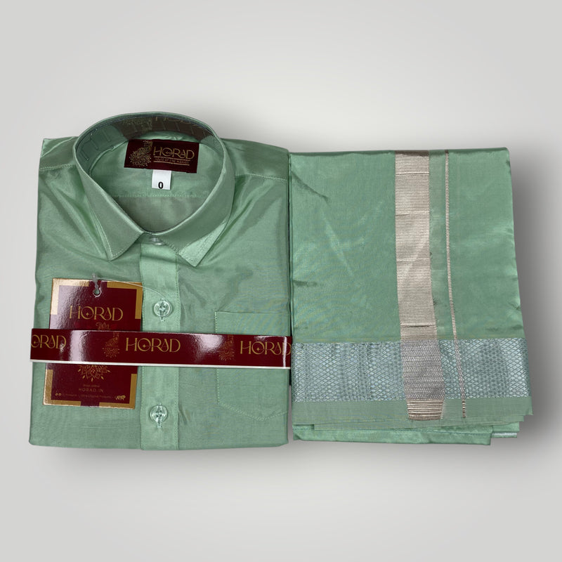 Horad Premium Art Silk Dad and Son Pista Green Shirt + Dhoti + Angavastram
