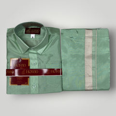 Horad Premium Art Silk Dad and Son Pista Green Shirt + Dhoti + Belt