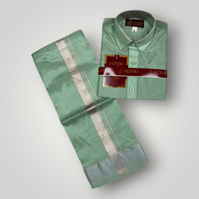 Horad Premium Art Silk Dad and Son Pista Green Shirt + Dhoti + Angavastram + Belt