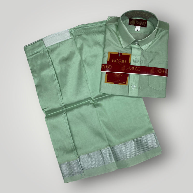 Horad Premium Art Silk Dad and Son Pista Green Shirt + Welcro Dhoti