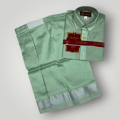Horad Premium Art Silk Dad and Son Pista Green Shirt + Dhoti + Belt