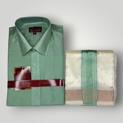 Horad Premium Art Silk Pista Green Shirt + Cream with Green border Dhoti