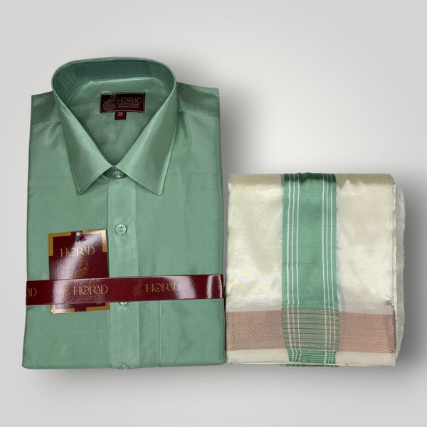 Horad Premium Art Silk Pista Green Shirt + Cream with Green border Dhoti
