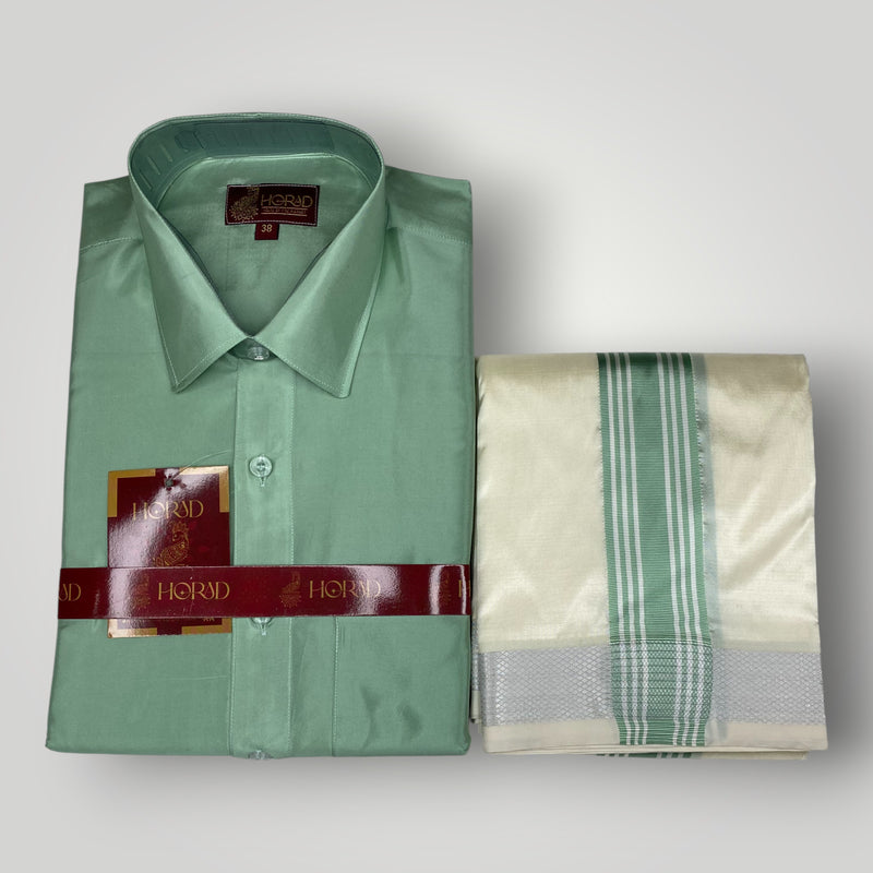 Horad Premium Art Silk Pista Green Shirt + Cream with Green border Dhoti