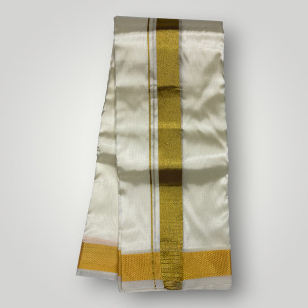 HORAD Premium Art Silk Cream Shirt Material (3 Meter) + (9X5) Dhoti + Angavastram