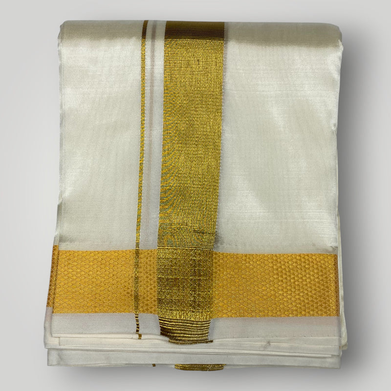 Horad Premium Art Silk Cream Shirt + Cream with Gold Dhoti