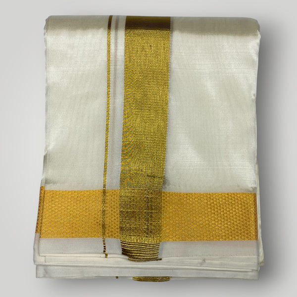 Horad Premium Art Silk Dad and Son Cream Shirt + Cream with Gold Dhoti + Angavastram