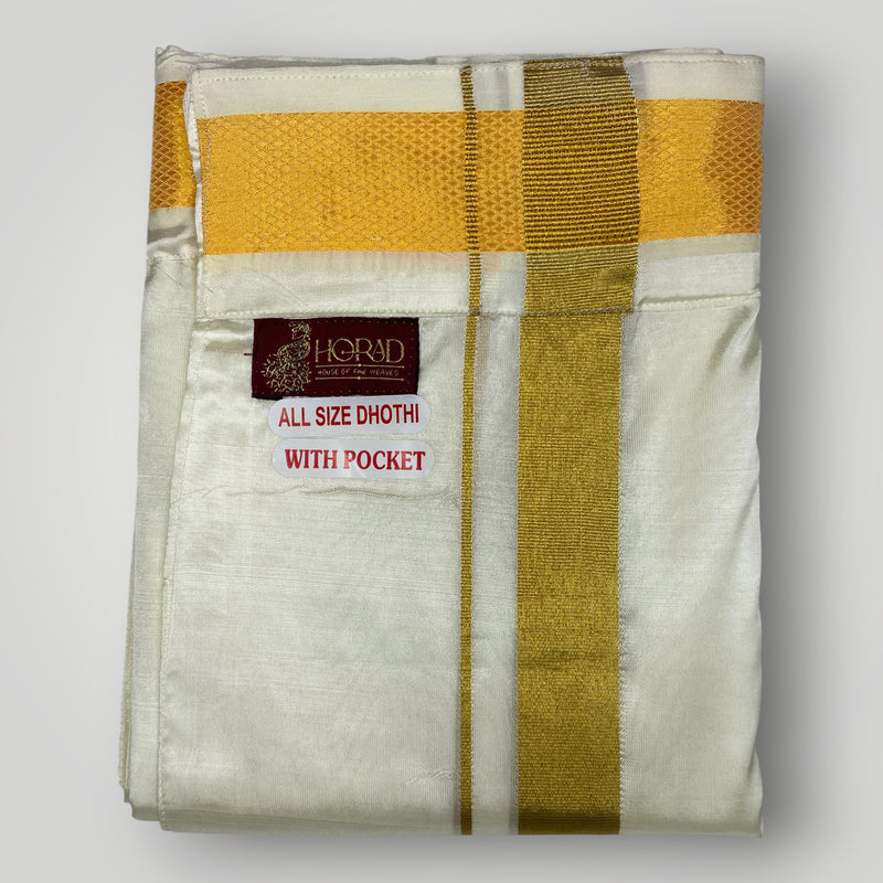 Horad Premium Art Silk Cream Shirt + Cream with Gold Welcro Dhoti