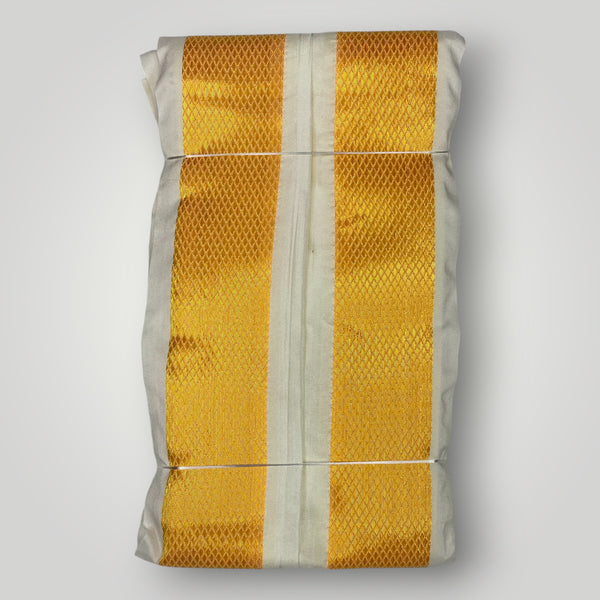 HORAD Premium Art Silk Cream with RoseGold+Gold Border Dhoti with Cream Shirt Material + Angavastram + Belt