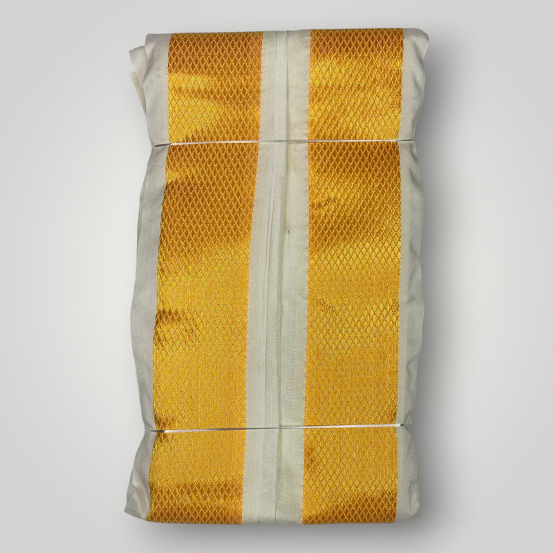 Horad Premium Art Silk Dad and Son RoseGold Shirt + Cream with RoseGold+Gold Border Dhoti + Angavastram