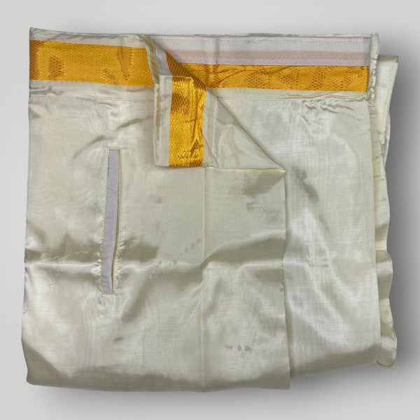 Horad Premium Art Silk Cream Shirt + Cream with Lavender+Gold Border Welcro Dhoti + Angavastram