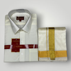 Horad Premium Art Silk Cream Shirt + Cream with Gold Dhoti