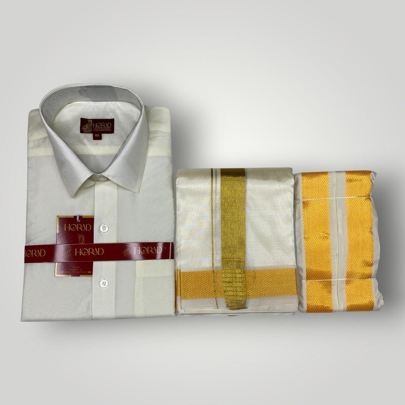 Horad Premium Art Silk Cream Shirt + Cream with Gold Dhoti + Angavastram