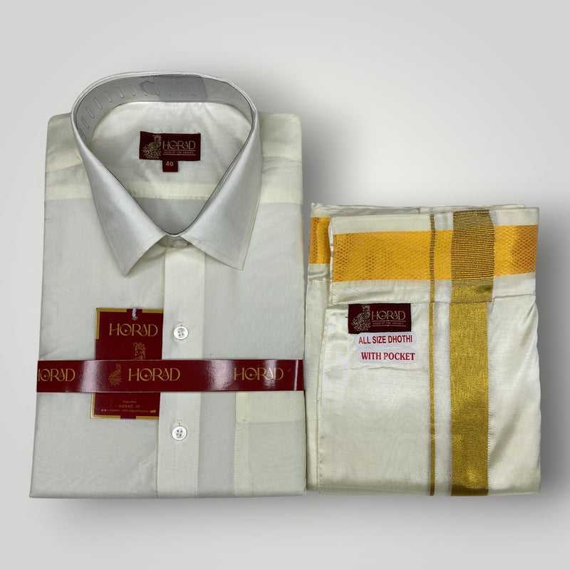 Horad Premium Art Silk Cream Shirt + Cream with Gold Welcro Dhoti