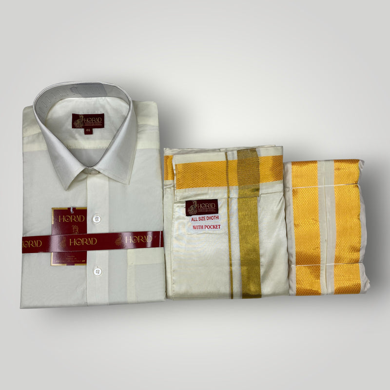 Horad Premium Art Silk Cream Shirt + Cream with Gold Welcro Dhoti + Angavastram