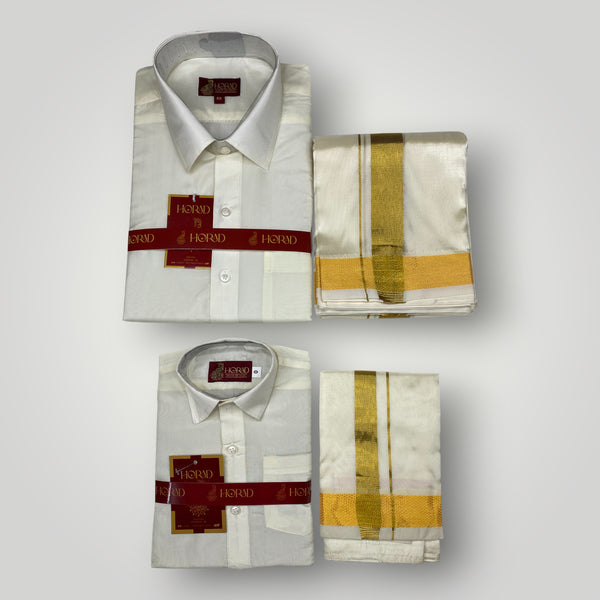 Horad Premium Art Silk Dad and Son Cream Shirt + Cream with Gold Dhoti