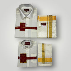 Horad Premium Art Silk Dad and Son Cream Shirt + Cream with Gold Welcro Dhoti