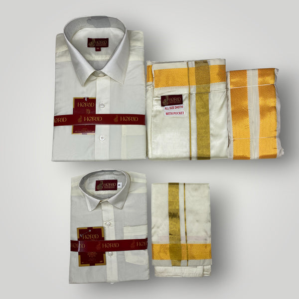 Horad Premium Art Silk Dad and Son Cream Shirt + Cream with Gold Welcro Dhoti + Angavastram