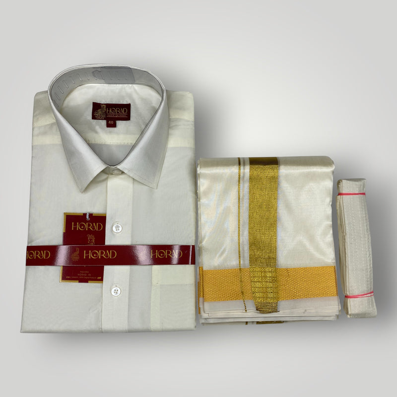 Horad Premium Art Silk Cream Shirt + Cream with Gold Dhoti + Belt
