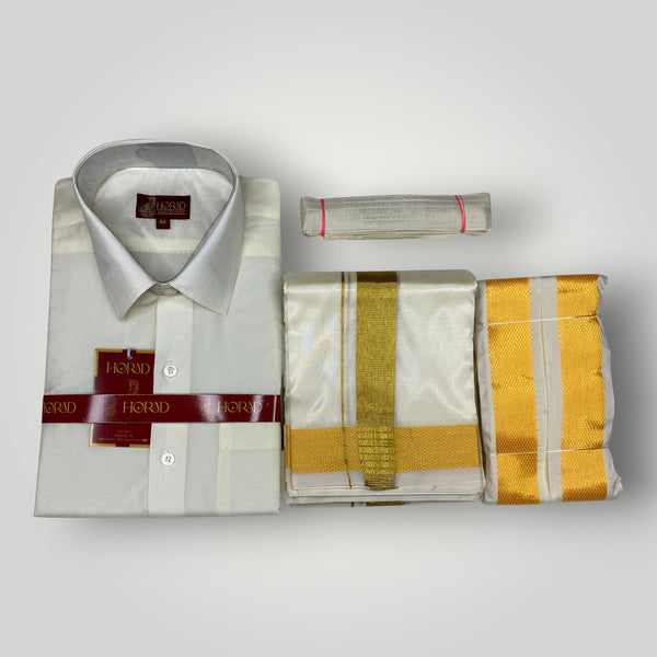 Horad Premium Art Silk Cream Shirt + Cream with Gold Dhoti + Angavastram + Belt