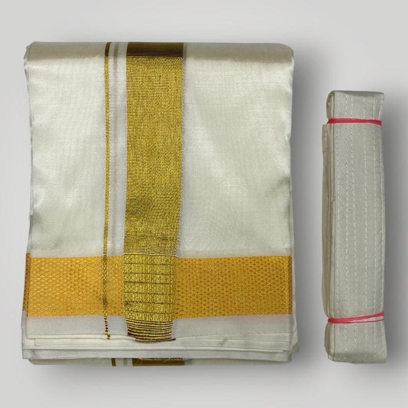 Horad Premium Art Silk Dad and Son Cream Shirt + Cream with Gold Dhoti + Angavastram + Belt