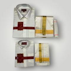 Horad Premium Art Silk Dad and Son Cream Shirt + Cream with Gold Dhoti + Belt