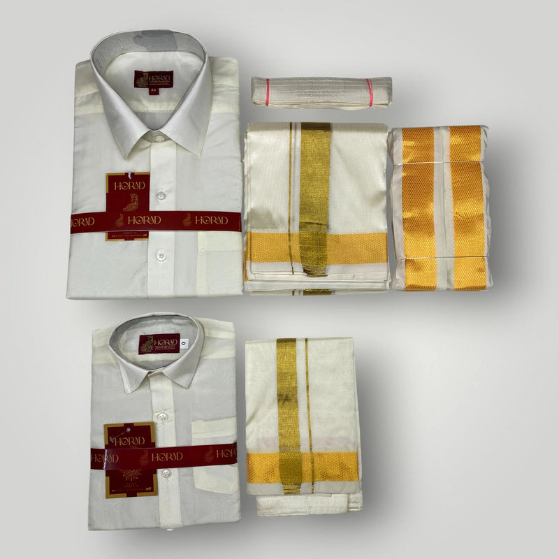 Horad Premium Art Silk Dad and Son Cream Shirt + Cream with Gold Dhoti + Angavastram + Belt