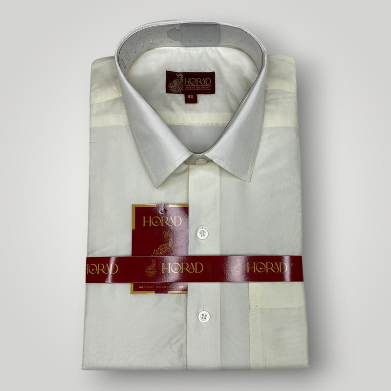 Horad Premium Art Silk Dad and Son Cream Shirt + Cream with Gold Dhoti