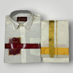 Horad Premium Art Silk Dad and Son Cream Shirt + Cream with Gold Dhoti + Angavastram + Belt