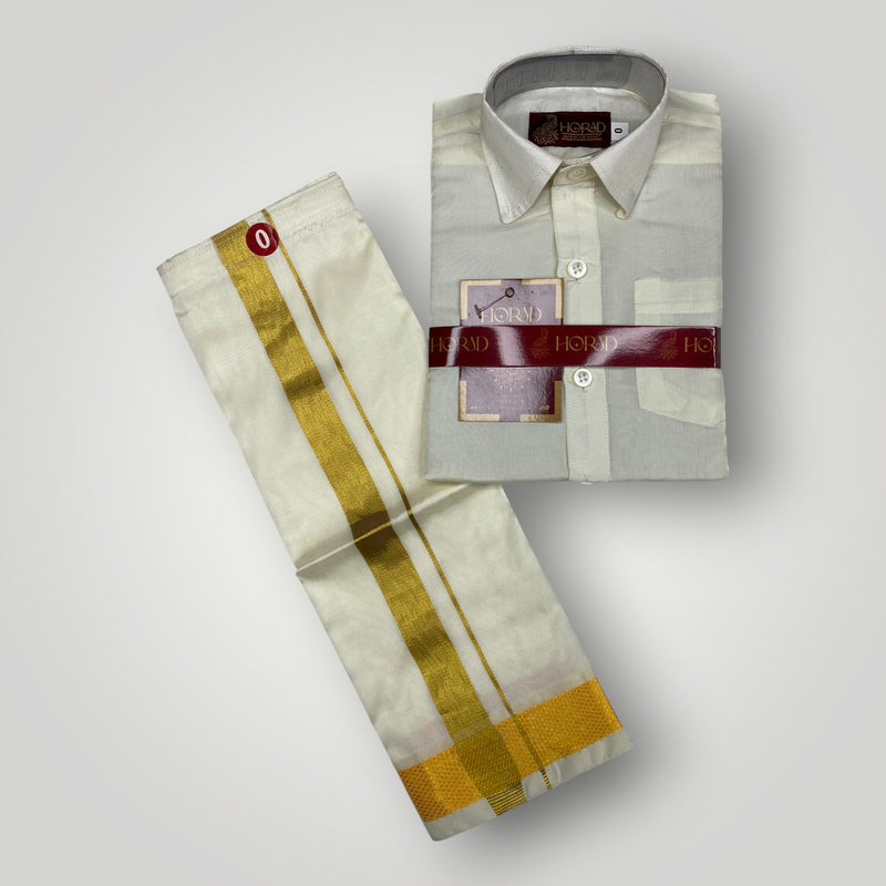 Horad Premium Art Silk Dad and Son Cream Shirt + Cream with Gold Welcro Dhoti + Angavastram