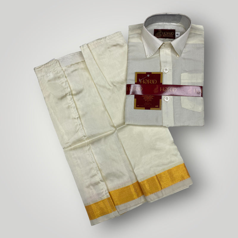 Horad Premium Art Silk Dad and Son Cream Shirt + Cream with Gold Welcro Dhoti + Angavastram