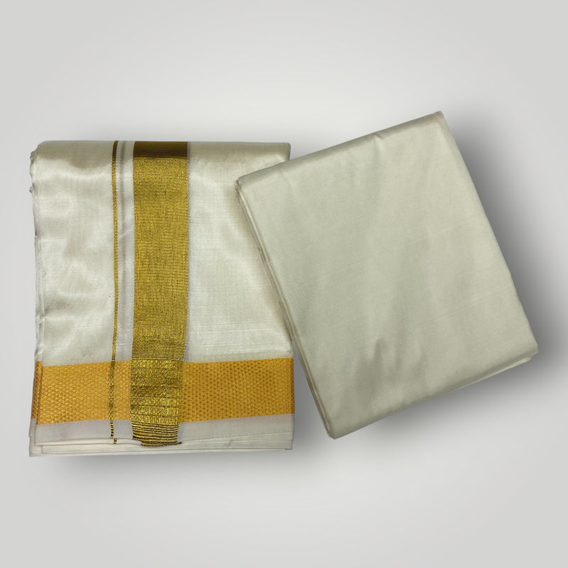 HORAD Premium Art Silk Cream with Gold Dhoti with Shirt Material