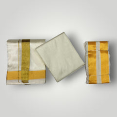HORAD Premium Art Silk Cream with Gold Dhoti + Cream Shirt Material + Angavastram