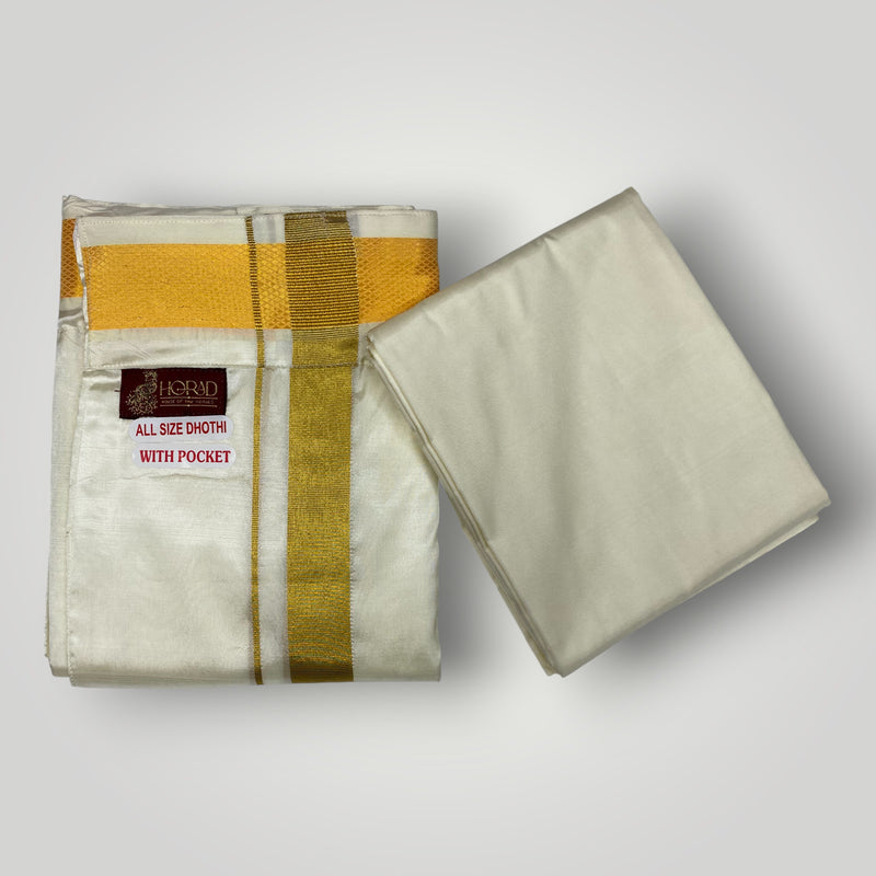 HORAD Premium Art Silk Cream with Gold Welcro Dhoti with Cream Shirt Material