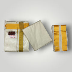HORAD Premium Art Silk Cream with Gold Welcro Dhoti with Cream Shirt Material + Angavastram