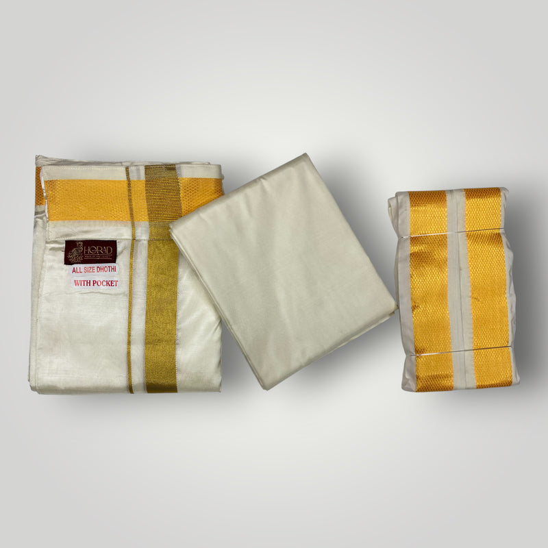 HORAD Premium Art Silk Cream with Gold Welcro Dhoti with Cream Shirt Material + Angavastram