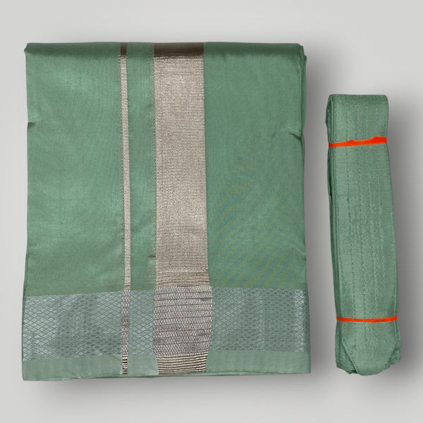 Horad Premium Art Silk Dad and Son Pista Green Shirt + Dhoti + Angavastram + Belt